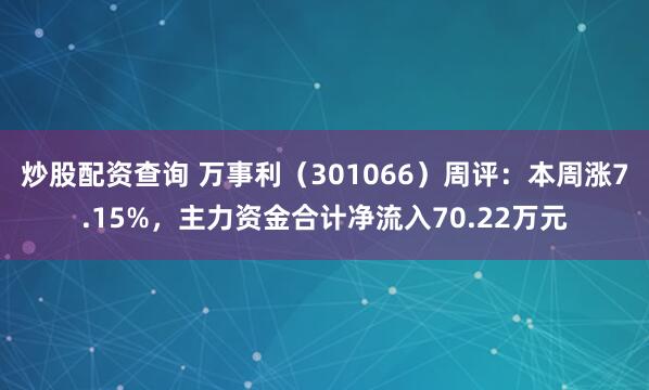 炒股配资查询 万事利（301066）周评：本周涨7.15%，主力资金合计净流入70.22万元